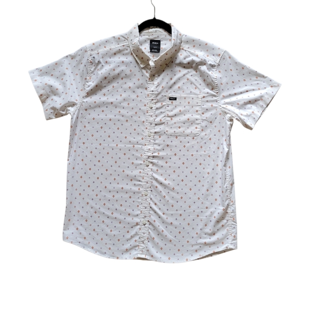 RVCA White Short-Sleeve Button-Down Shirt with Small Red Dot Print